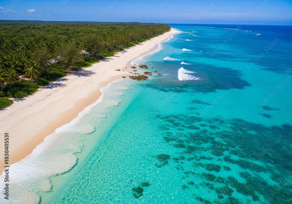 Obraz premium Aerial view of a tropical beach with turquoise water and lush green vegetation on a sunny day christams photos 