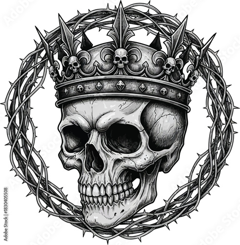 Skull with Ornate Crown and Thorn Wreath Silhouette Illustration – Dark Gothic Vector Design for Tattoo Art, Emblem, Sticker, Apparel, and Fantasy Decoration