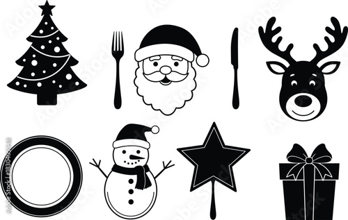 Christmas silhouette icon set, festive holiday symbols, Santa Claus face, reindeer head, snowman design, Christmas tree, star, gift box