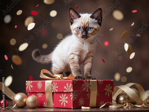 Siamese kitten standing on a red and gold Christmas gift box,Red and gold with a playful kitten highlight joy, ideal for festive campaigns.