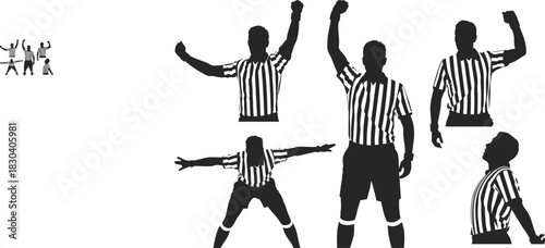 Dynamic American football referee silhouette poses showing signals and gestures, professional sports officiating vector illustration suitable for stock images