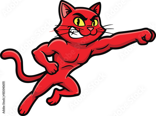 Vector illustration of a muscular red cat superhero mascot flying forward with a powerful punch isolated on white background