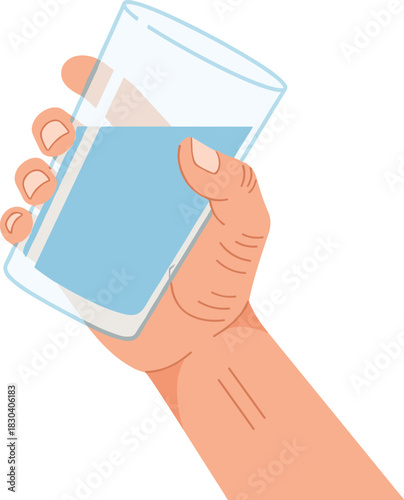 Hand Holding a Glass of Clean Water Vector Illustration Depicting Hydration, Thirst Quenching, and Healthy Lifestyle Concepts in a Modern, Minimalist Flat Design Style