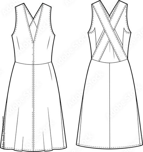 Elegant sleeveless dress CAD drawing, crossover front and back design, technical flat fashion vector illustration, garment sketch for apparel design projects