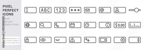 Text input field line icon set. Username, password, email, calendar, and dollar value minimal vector illustrations. Simple outline signs for UI forms. 48x48 Pixel Perfect. Editable Stroke