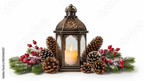 Vintage Christmas Lantern with Glowing Candle Surrounded by Pine Cones, Fir Branches, and Red Winter Berries on a White Background