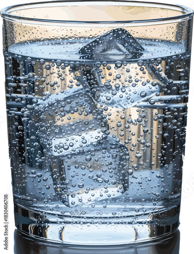 Hyper-Realistic Glass of Sparkling Seltzer Water Vector Illustration Featuring Ice Cubes, Intense Carbonation Bubbles, and Condensation, Ideal for Refreshment and Beverage Concepts