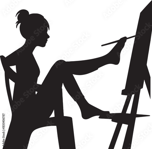 Creative Silhouette Illustration of a Woman Sitting and Painting with a Brush Held Between Her Toes on an Easel, Depicting Artistry, Unconventional Methods, and Artistic Freedom.