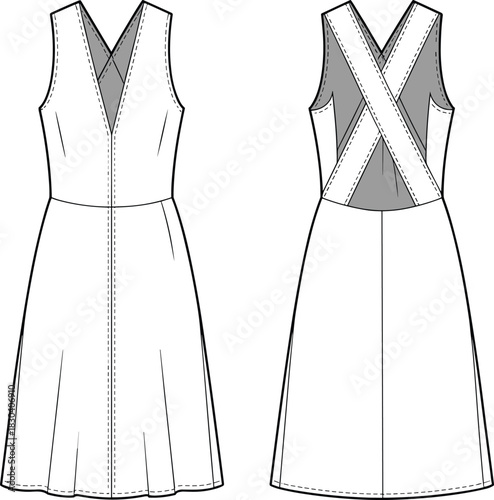 Elegant sleeveless wrap dress technical fashion flat with crisscross back straps, detailed sewing lines, modern garment vector template design – cad drawing flat vector 