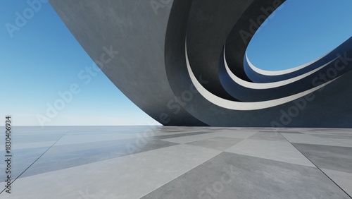 Fototapeta Naklejka Na Ścianę i Meble -  Abstract curved architecture background, Empty exterior space with concrete floor, Futuristic modern building for car presentation backdrop, 3d rendering