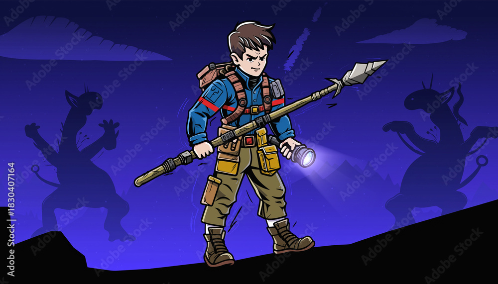 Fototapeta premium Vector Monster Hunter Boy – Vintage 80s Fantasy Adventure Character