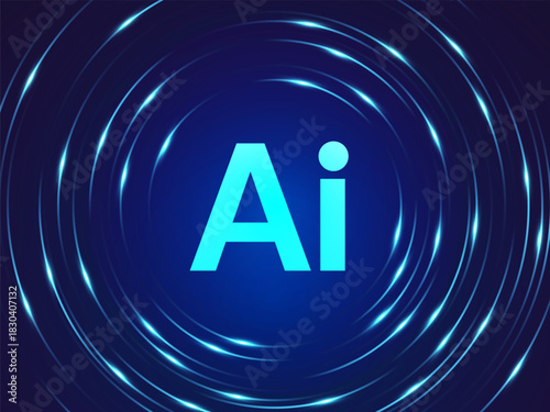 Artificial intelligence with Futuristic Letter AI at the center in Luminous Circle lines Movement on blue dark background vector design concept. AI technology for advance technology, automation, robot