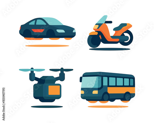 Floating transportation vehicles, car, drone, scooter and bus, flat vector illustration