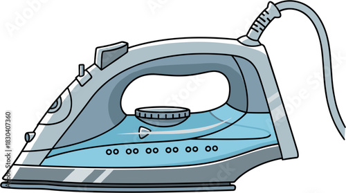 Cartoon illustration of a modern blue steam iron appliance.