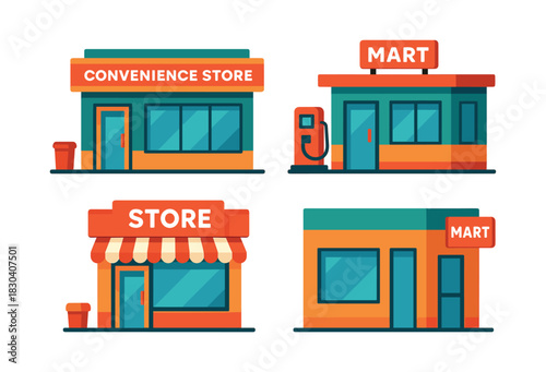 Convenience store, mart, shop, flat vector illustration with various storefronts