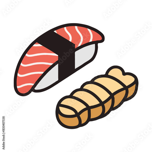 Two delicious pieces of japanese sushi with fresh salmon and shrimp tempura isolated on white background