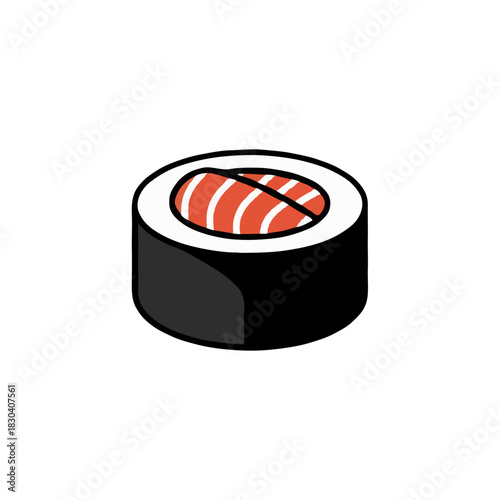 Simple cartoon illustration of a single salmon sushi roll with rice and nori seaweed isolated on white background