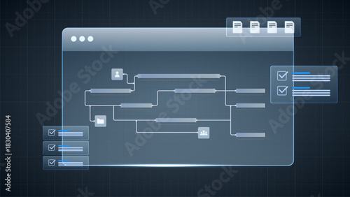 Project management dashboard flowchart timeline. project management, data analysis, and process optimization.