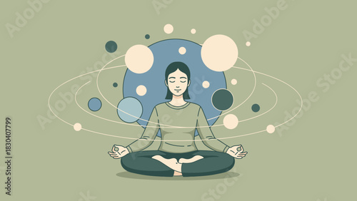 A serene woman meditates in a lotus yoga pose, surrounded by celestial bodies and cosmic orbits.