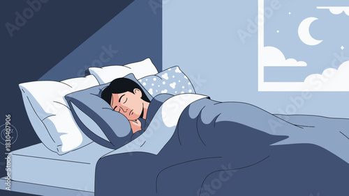 An illustration of a person sleeping soundly in a cozy bed at night, with moonlight coming through the window.