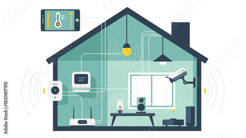Vector illustration of a smart home with connected devices for automation, control, and security.