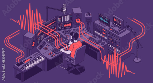 Isometric illustration of a music producer or sound engineer working at a mixing console in a recording studio.