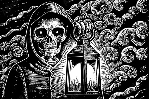 mysterious skeleton stands holding a glowing lantern inside swirling fog, creating an atmospheric, dreamy, and slightly eerie night environment