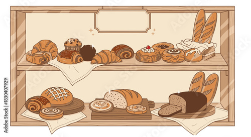 Illustration of a bakery shelf with a variety of fresh breads, pastries, croissants, and muffins on display.