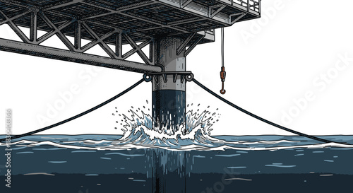 An illustrative depiction of a sturdy offshore oil rig's foundation powerfully interacting with the ocean, creating a significant splash at its base.