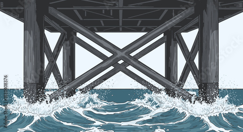 Powerful waves crash against the robust industrial pillars of an offshore platform, demonstrating resilience and strength in a challenging marine environment.