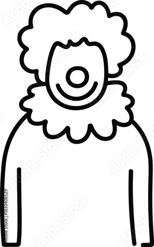 Clown cartoon line drawing, black and white vector illustration, circus character outline, children coloring page, funny costume sketch design template