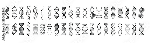 Set of DNA Icons. Collection of monochrome DNA icons. Black and white DNA spirals in a linear style. Vector illustration.