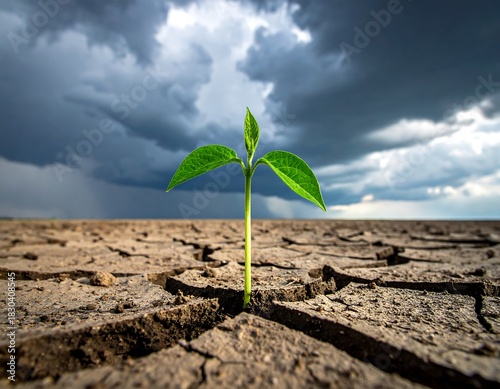 Tiny green sprout emerges from cracked earth beneath a dark, ominous sky