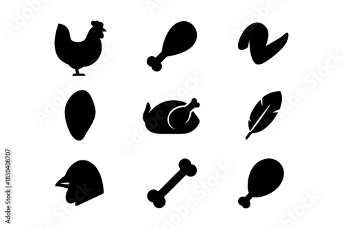 Silhouette icons of poultry and meat elements for cooking and culinary designs