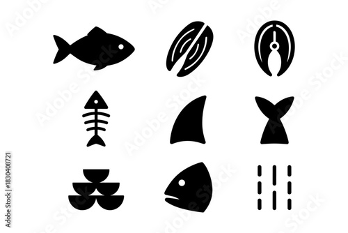 Minimalist fish and seafood icons set with silhouette design elements