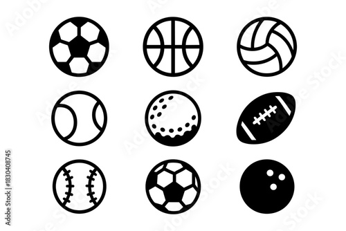 Silhouette icons of popular sports balls: soccer, basketball, volleyball, and more
