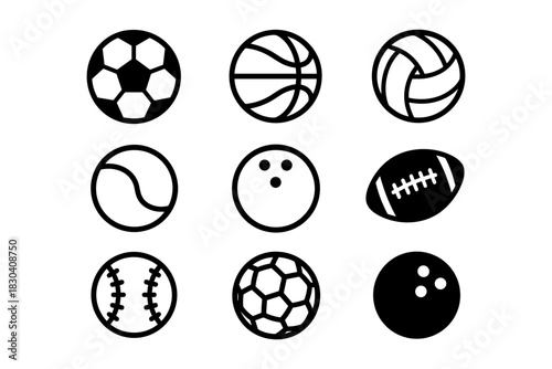 Minimalist collection of nine sports ball icons: soccer, basketball, volleyball, and more