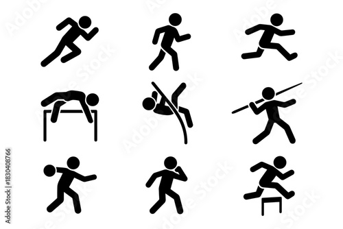 Dynamic track and field athlete icons: silhouette designs for sports enthusiasts