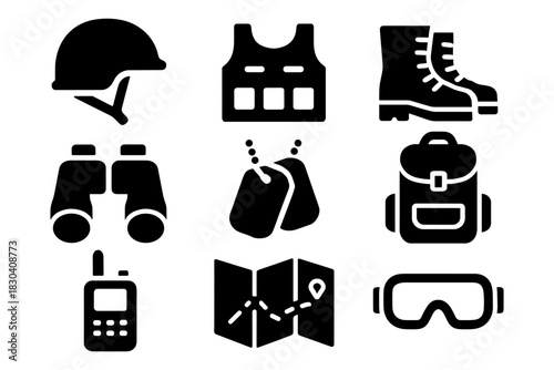 Military gear collection: essential equipment silhouette icons