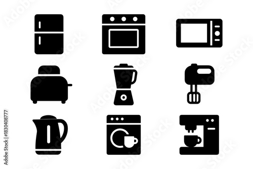 Silhouette icons of modern kitchen appliances for easy identification