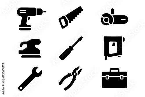 Black silhouette icons of hand and power tools for construction and repair