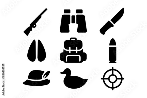Hunting gear icon set: silhouettes of outdoor equipment and wildlife elements
