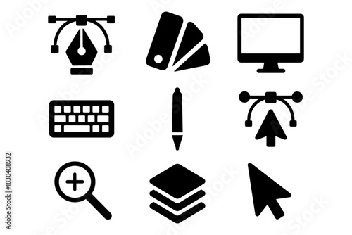 Essential design icons set: pen tool, pantone, computer, keyboard, mouse, layers, and zoom