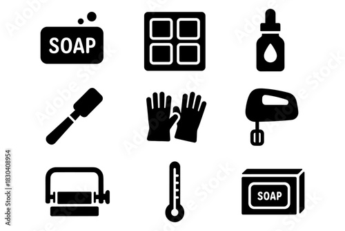 Black silhouette icons of soap, cleaning tools, and household items