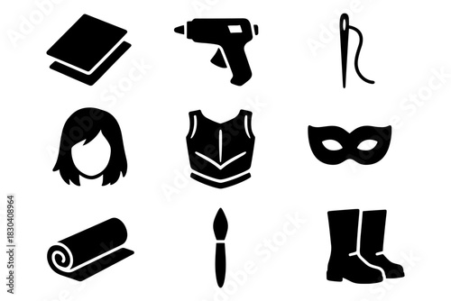 Silhouette icons of sewing tools and costume accessories for creative crafts enthusiasts