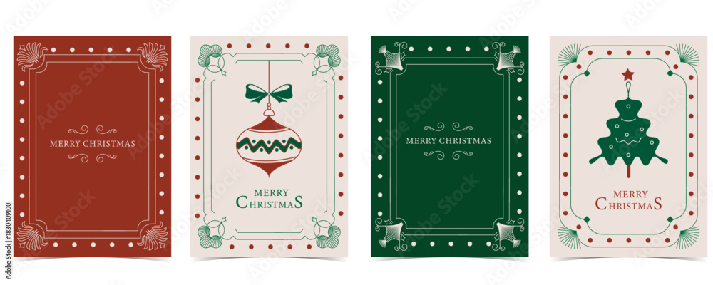 Obraz premium Merry christmas invitation card with tree, ball, green, red decoration and art deco design