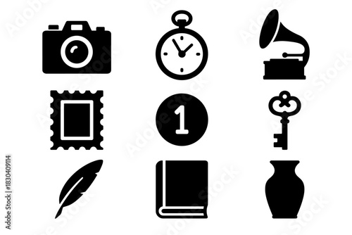Vintage icons collection: camera, stopwatch, phonograph, stamp, key, feather, book, vase