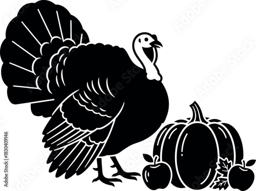 Turkey with pumpkin and apples, harvest season celebration design