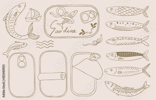 Vintage line open canned sardines collection set in retro cartoon vector illustration style for summer party fashion design
