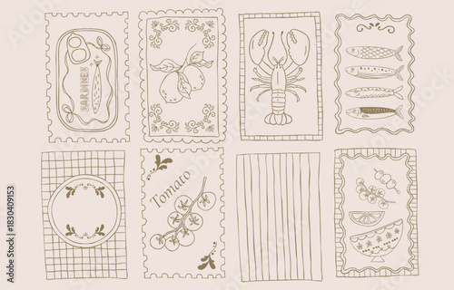 set of italian hand drawn design with sardine,lobster,and lemon